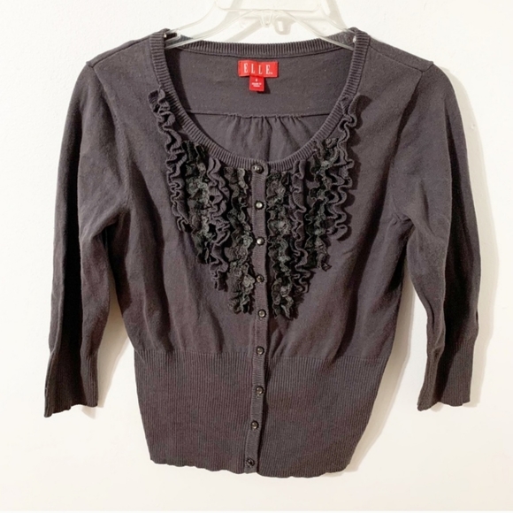Elle Button Front Long Sleeve Cardigan Sweater with Ruffle and Lace Detailing - Picture 3 of 4